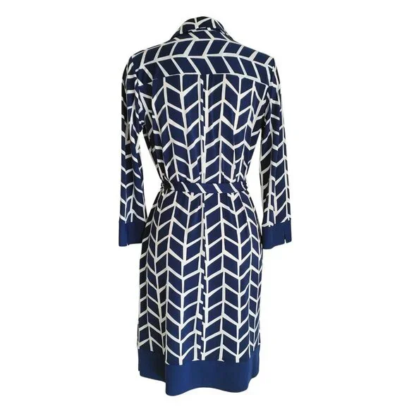Donna Morgan Career Dress Blue & White Abstract Print with Self Tie Size 4 - Picture 6 of 16